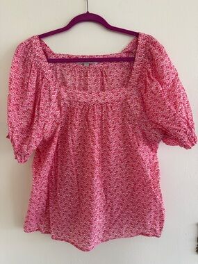 LOFT Pink Floral Square-Neck Puff Sleeve Blouse